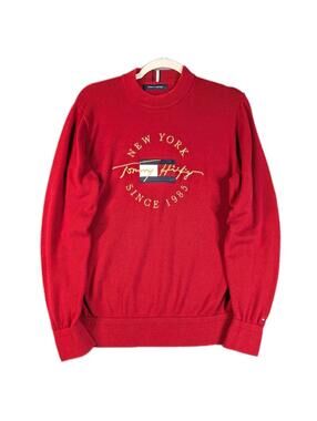 Tommy Hilfiger Mens Small Red New York Logo Knit Sweater Preppy Classic